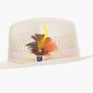 STACY ADAMS Tyce Fedora Poly Braided Pinch Front Hat`BIEGE/PINK SZ LARGE 7 1/4